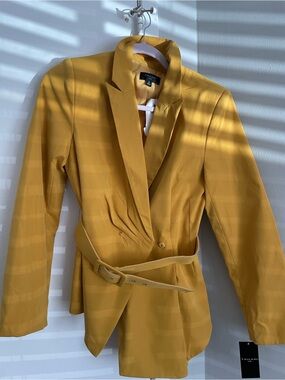 Tahari ASL Mustard Yellow Belted Blazer Jacket
